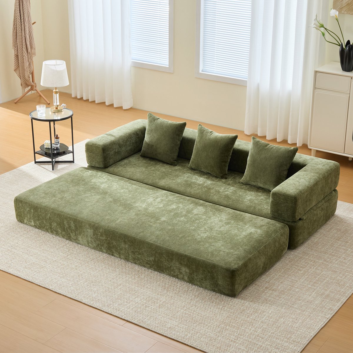 MODFU - Modulaire Sofabank - Met Zijvakken En Antislip Onderkant - Modern - Voor Woonkamer - Chenille - Groen - 198 X 79 X 60 Cm