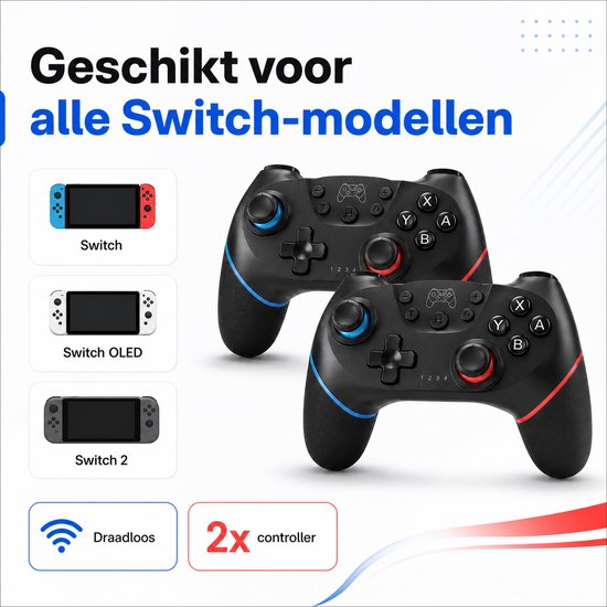 Twee zwarte draadloze controllers, blauw en rood, naast afbeeldingen van Nintendo Switch, Switch OLED en Switch 2.