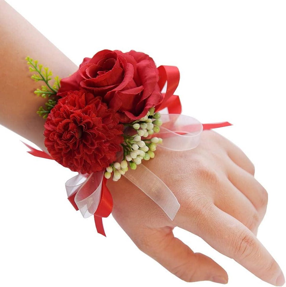 Pols Corsage Set - Bloem Decoratie - Bruiloft Accessoires - Handgemaakt Kunstbloem - 2 Stuks - Rood
