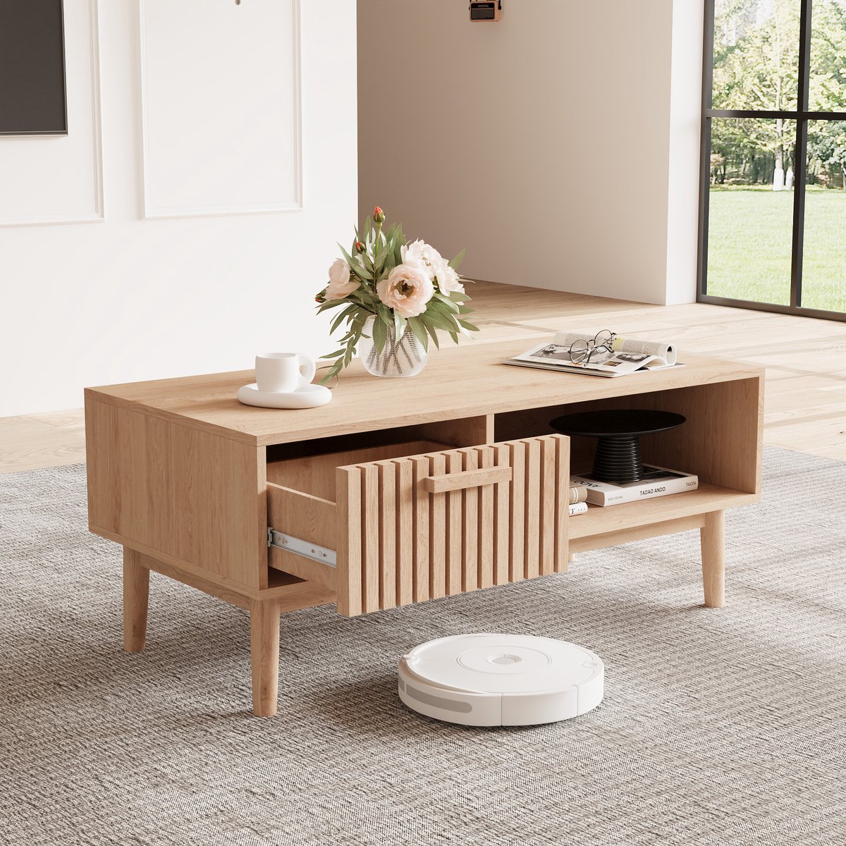 ROSAHQNDA - Salontafel 100 cm - Salontafel met lade, minimalistische bijzettafel - Woonkamertafel voor thuis - Natuurlijke houtkleur