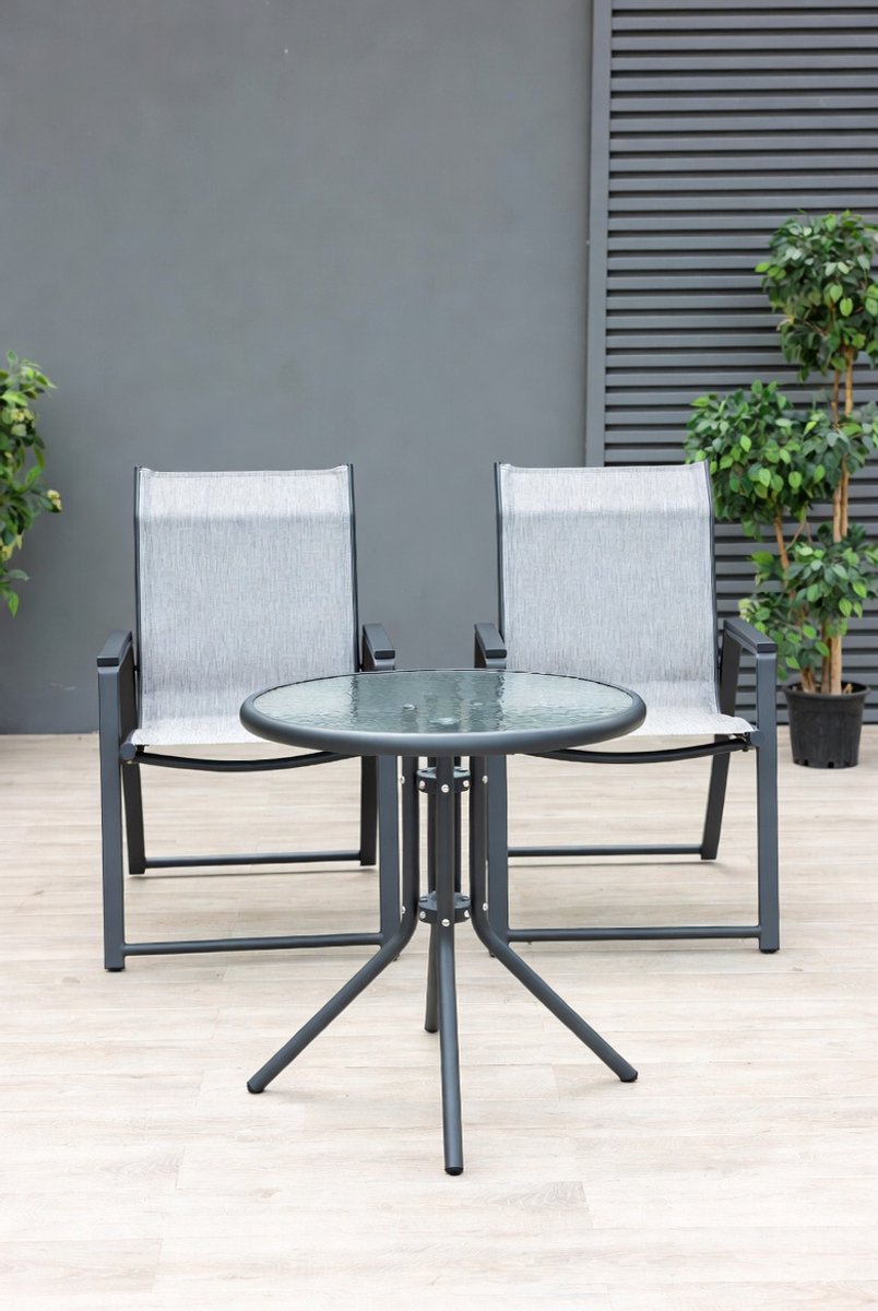 Luxe 3-delige Bistro Tuinset met Ronde Glazen Tafel – Weerbestendige Balkon- en Terras Set