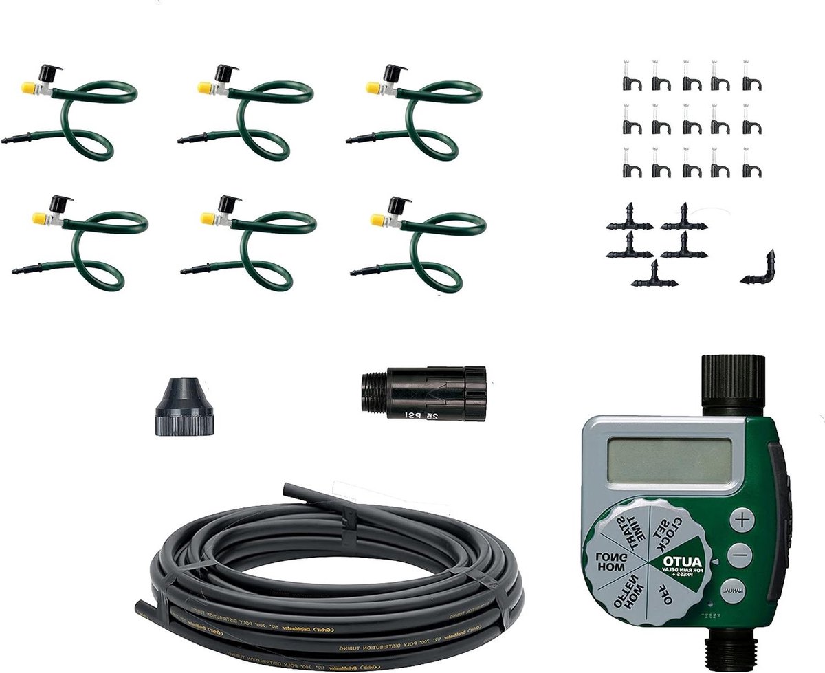 Hangende mand irrigatie - Druppelsysteem kit - Planten automatisch water - Met slang-eind timer - 50 voet slang - Grijs