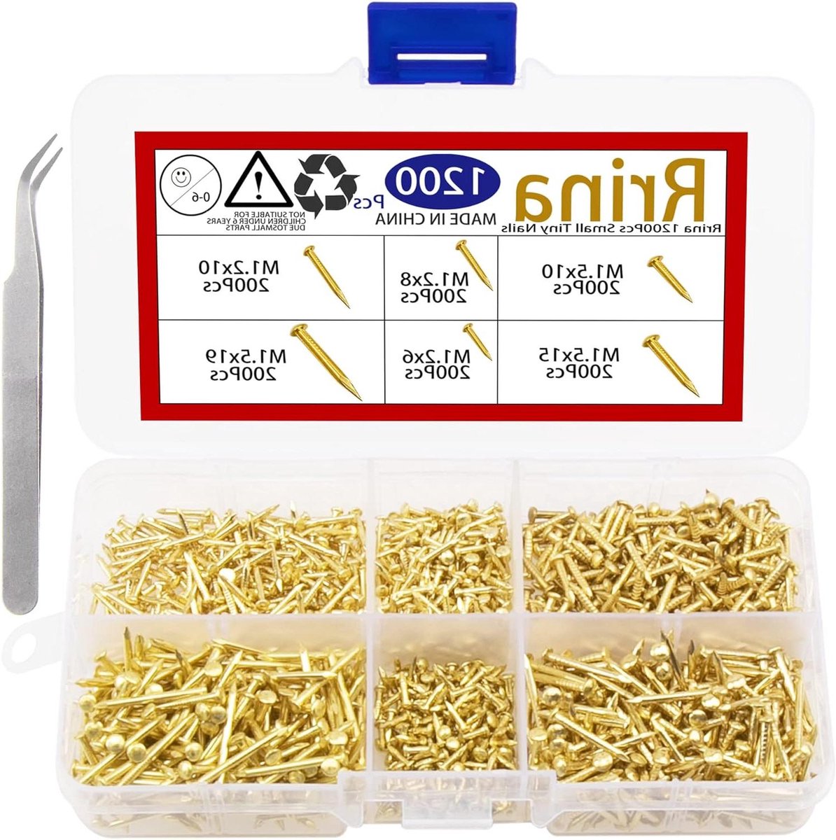 1200 stuks kleine nagels koolstofstaal messing geplateerd voor houten doe-het-zelf micro mini-nagels M1.2/1.5 assortimentskit 6 maten
