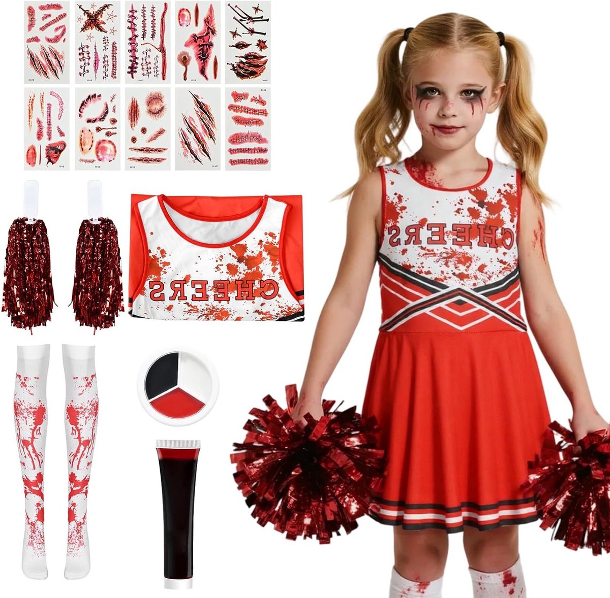 Zombie Cheerleader Kostuum voor Meisjes - Horror Carnaval Outfit voor Halloween en Raveparty, Perfect voor Cosplay en Feestjes