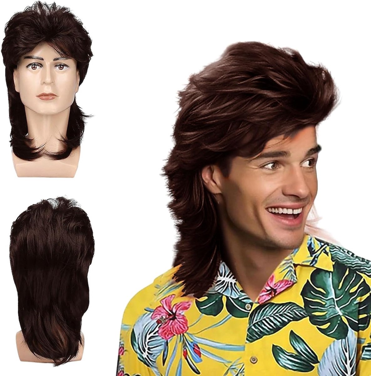 Bruin Mullet Peruk voor Mannen, 80s Rocker Stijl, Hippie en 70s Kostuum voor Carnaval en Halloween