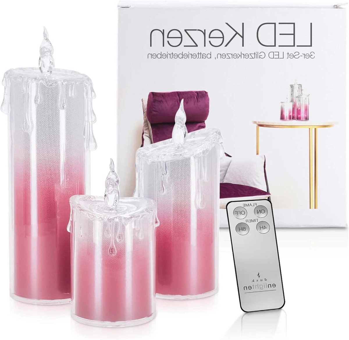 LED Acryl Kaarsen - Glitter Kaarsen Set - Decoratief Licht - Met Afstandsbediening - Set van 3 - Roze