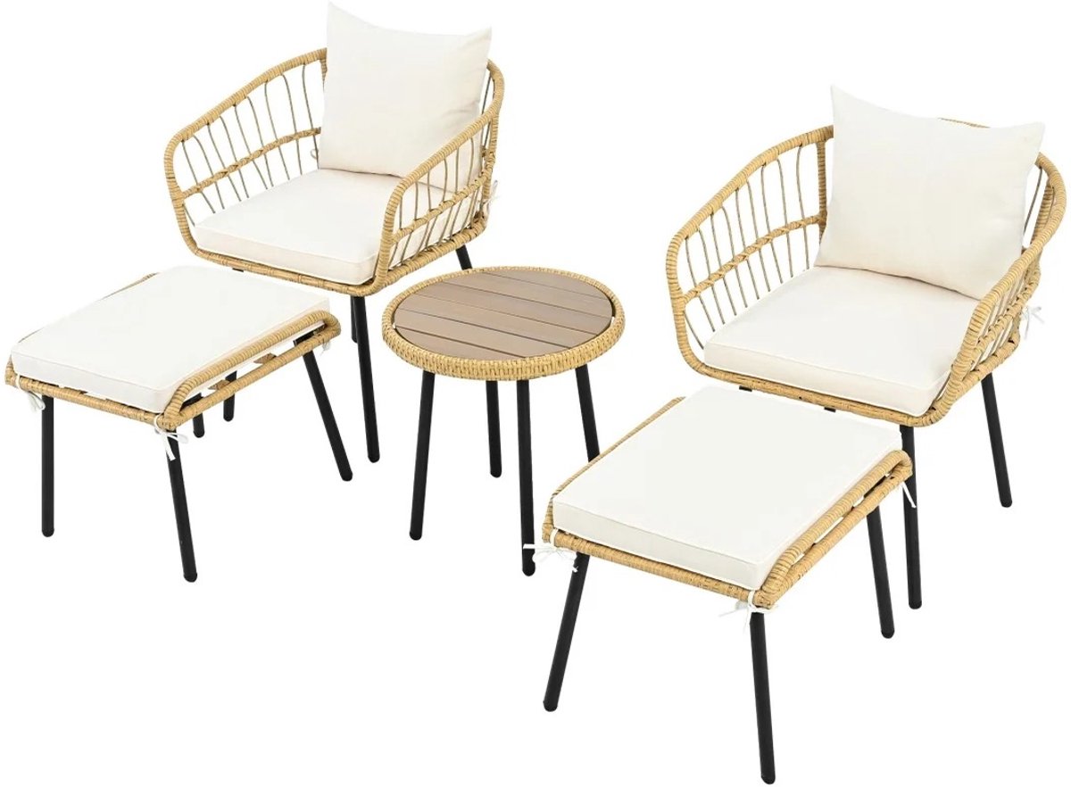 Allero Loungeset - Loungesets - Loungeset Tuinmeubels - Tafel - 2 Stoelen - 2 Krukken - Rotan - Inclusief Kussens - Naturel