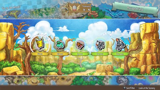 Selectiescherm met pixelated Pokémon: Pikachu, Bulbasaur, Eevee, Houndoom, Absol.