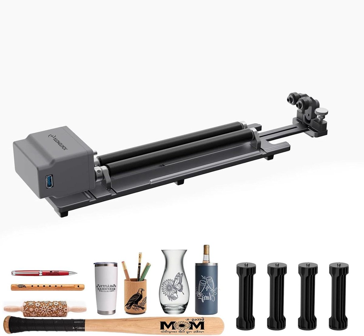 Laser Rotatie Roller - Cilinder Gravure Accessoire - Objecten Graveren - Verstelbare Parallelle Rollen - 0-120 mm Diameter - Zwart