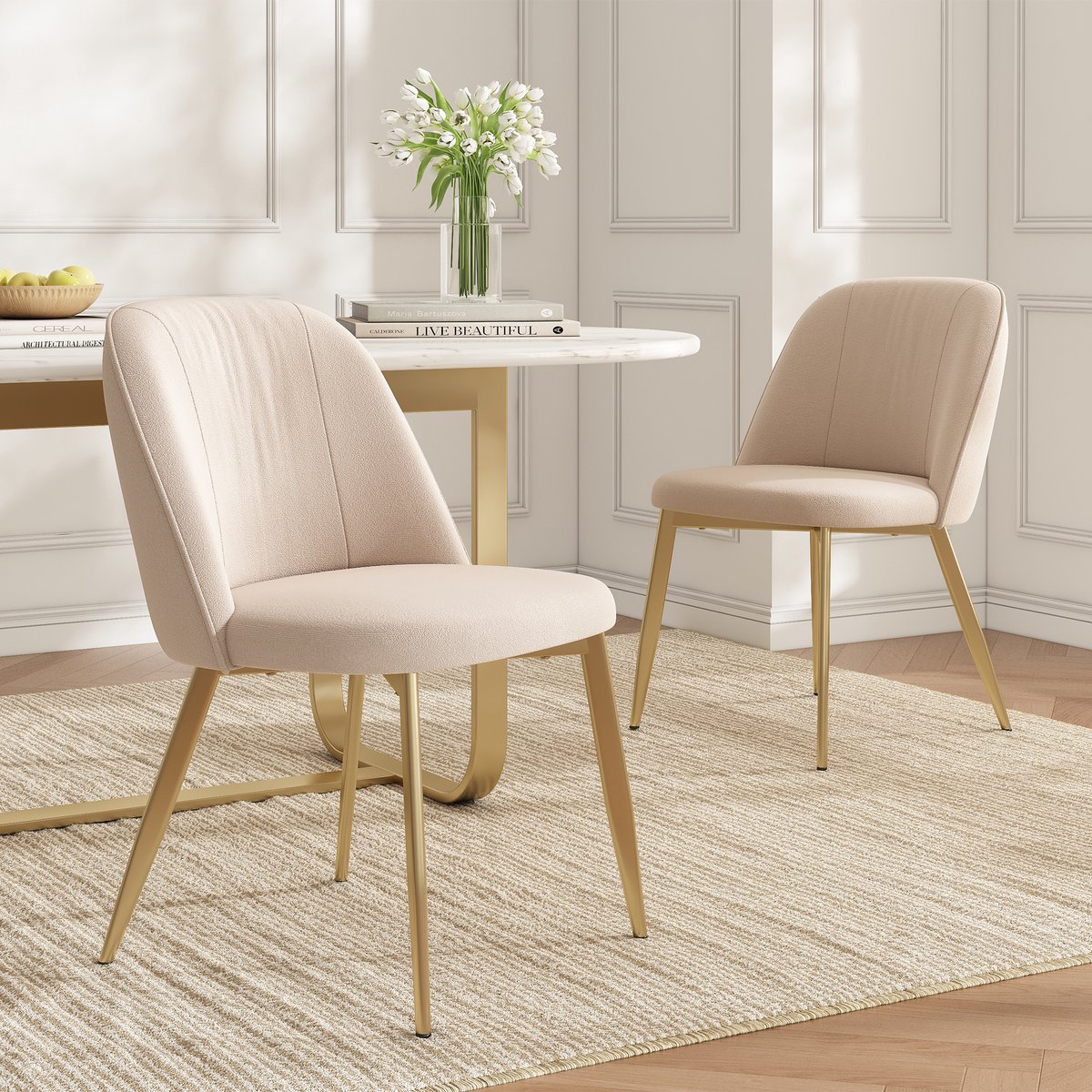 BLACKCOLORS 2 eetkamerstoelen, comfortabel en ademend, geschikt voor eetkamer, woonkamer, cafés enz., moderne stijl, fluweel, beige en goudkleurig