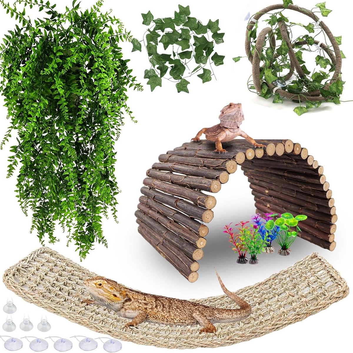 Reptielen Terrarium Decoratie Set - Hagedis Klimdecoratie - Habitat Verrijking - Flexibele Klimmogelijkheden - 50.8B x 17.8D cm - Groen