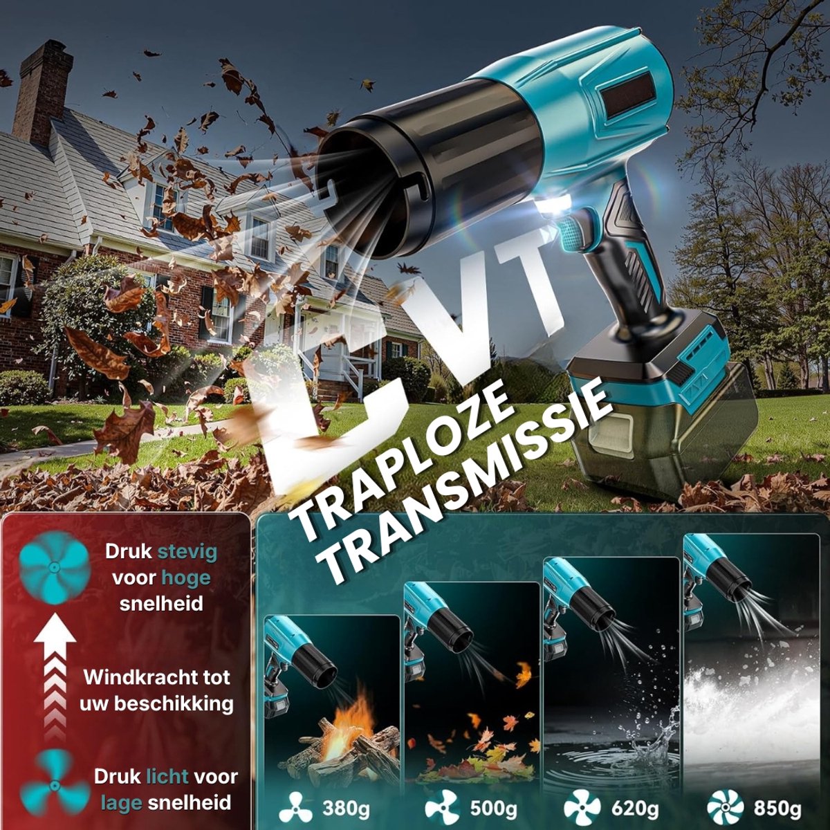 Turbo accublazer voor Makita 18V accu's, borstelloze motor met 80.000 tpm, luchtsnelheid van 60 m/s en luchtdruk van 850 g, draagbare bladblazer voor het verwijderen van bladeren, stof en sneeuw. – foto 2