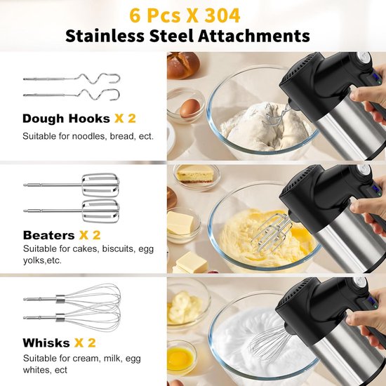 Wireless Hand Mixer, Digital Display, 7 Speeds, USB Rechargeable Electric Hand Mixer with 6 Stainless Steel Attachments, Whisk, Dough Hook and Base — afbeelding 2