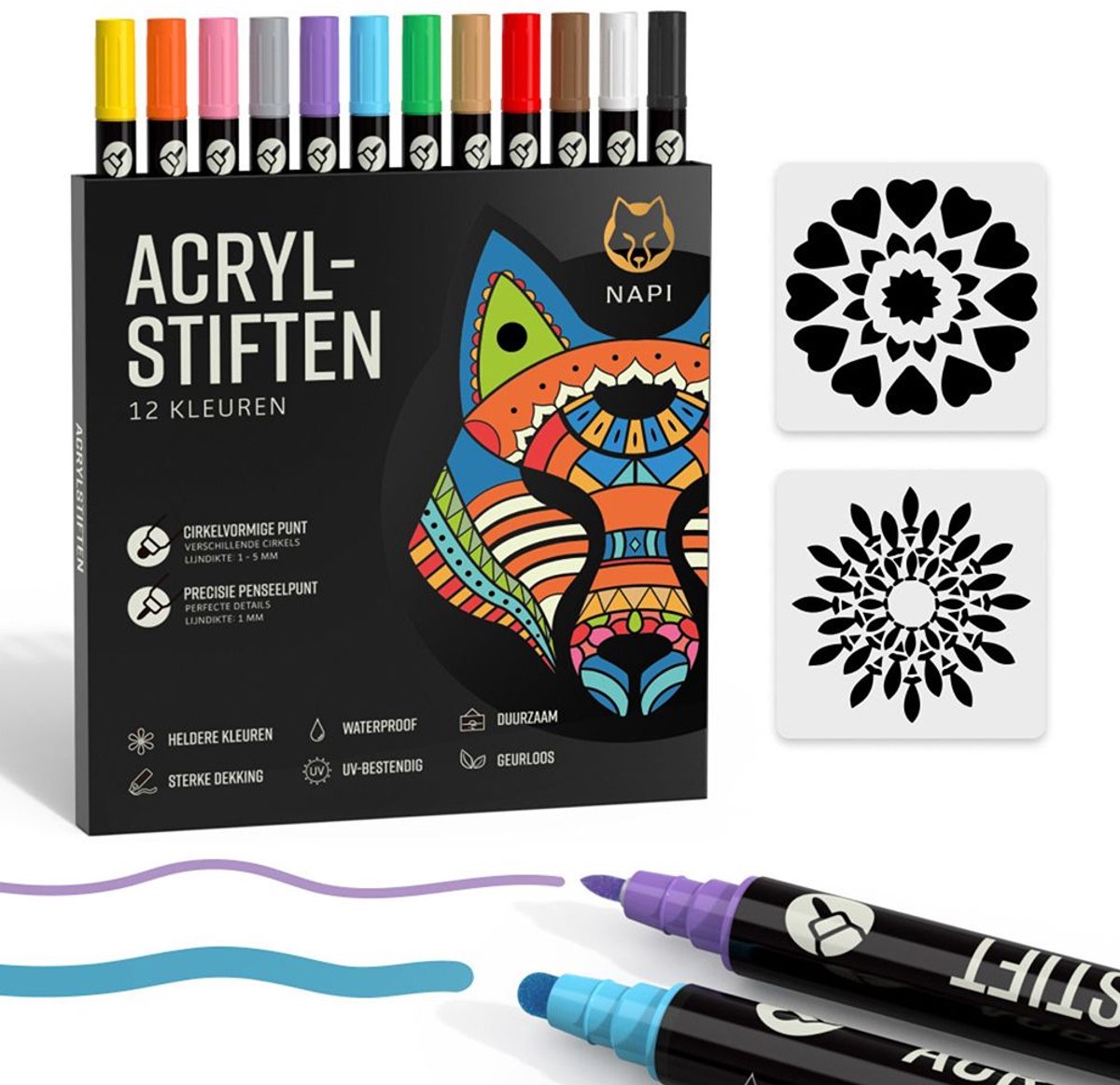 Napi Acrylstiften 12st - Brush en Fine Tip Twinmarkers - Verfstiften Happy Stones - Stenen Schilderen met Acryl Verf Marker Stiften - Volwassenen en Kinderen - Incl. 2 Mandala Sjablonen — afbeelding 14