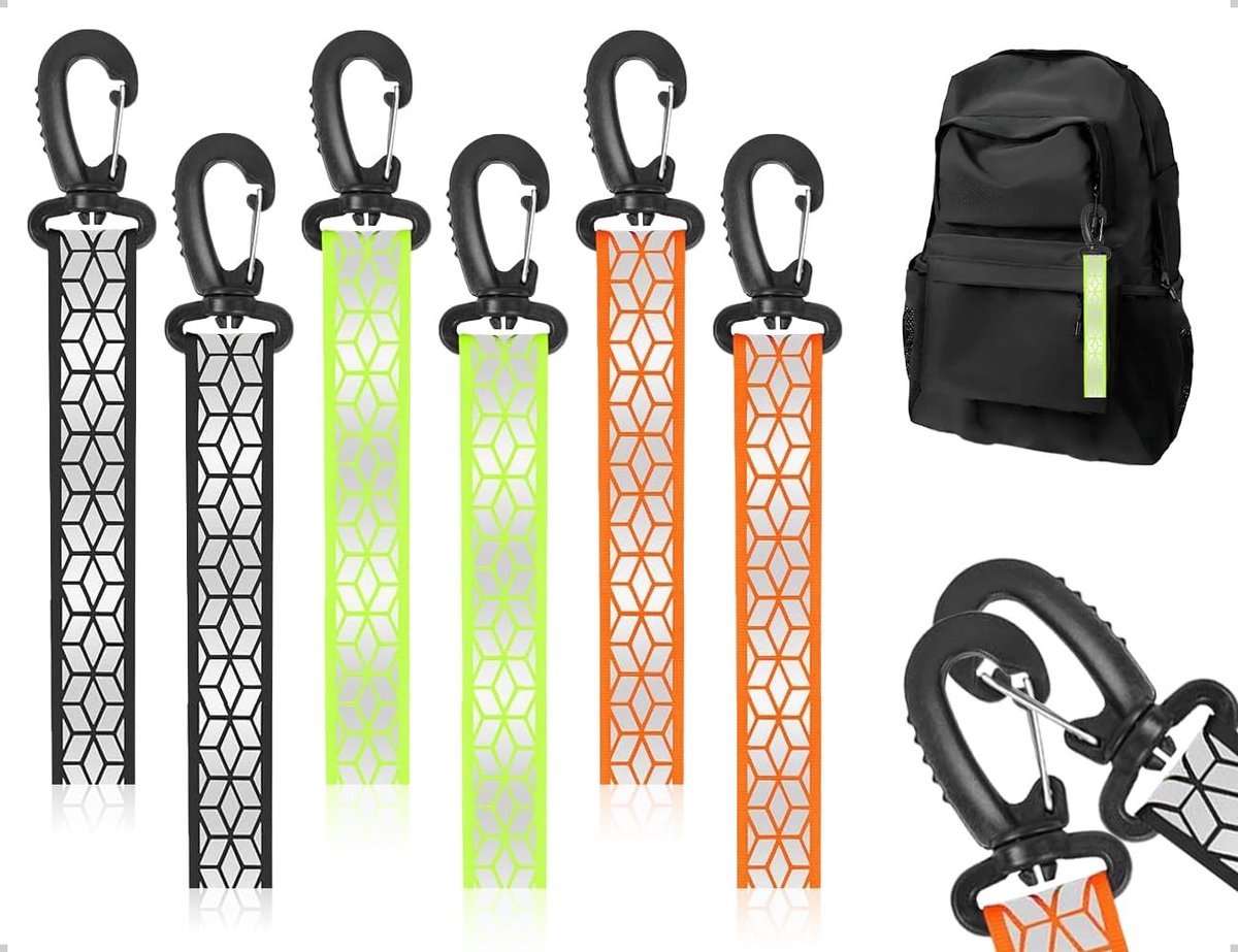 Cosensi - Reflecterende Hangers - Veiligheid voor Kinderen - Set van 6 - Fluorescerend Groen, Zwart, Oranje - Ideaal voor Rugzakken en Kinderwagens...
