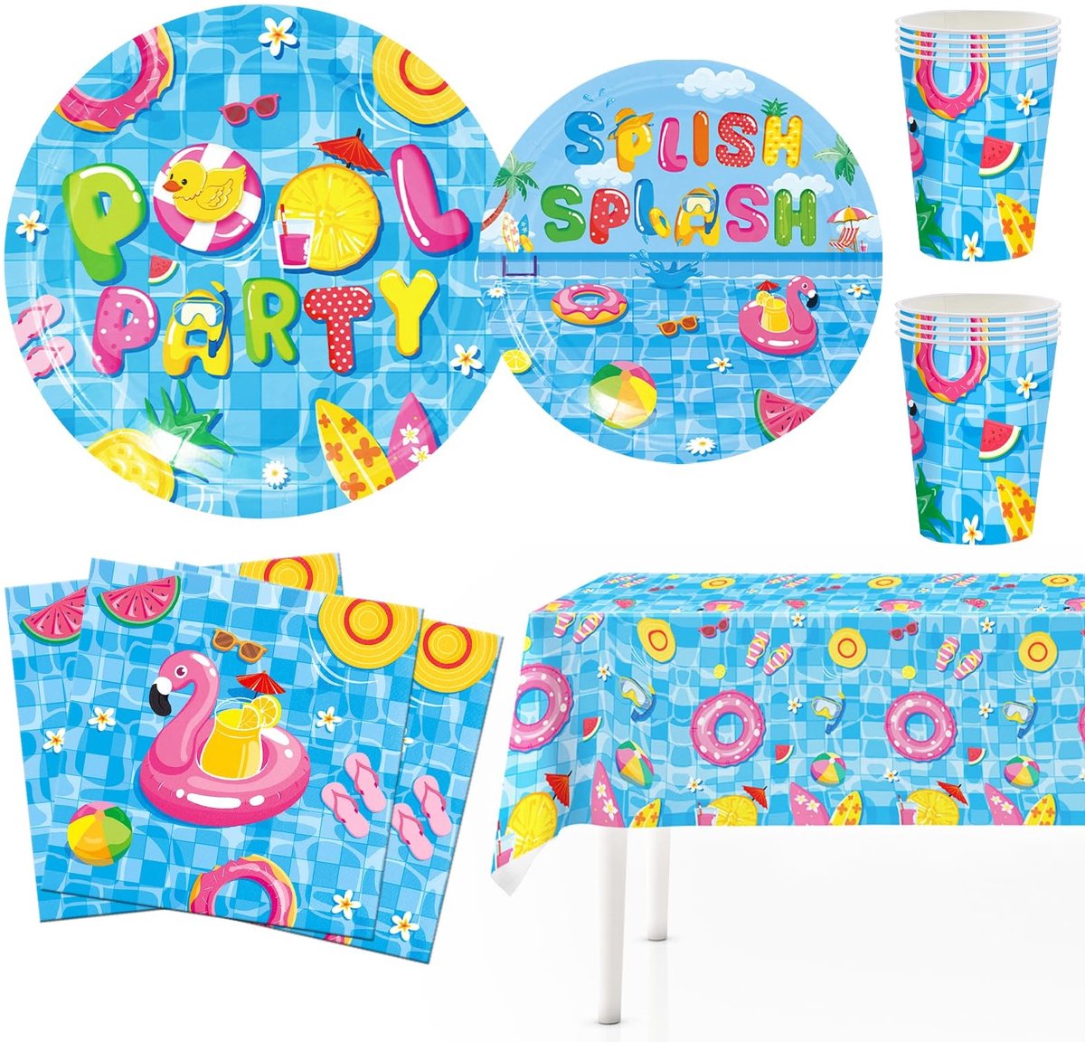NTHProducts - Pool Party Set - Feestdecoratie - Voor 10 gasten - Kleurrijk - Verjaardag - Ideaal voor zwembaden - Inclusief borden en bekers