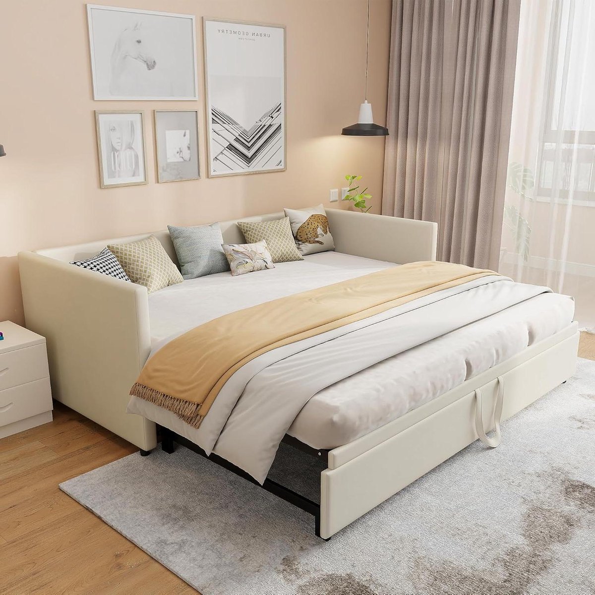 Uittrekbare slaapbank - Logeerbed bankbed - Ruimtebesparend slapen - Dubbel bedframe - 90/180 x 200 cm - Beige