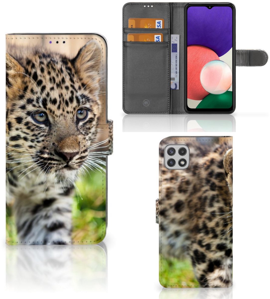 Samsung Galaxy A22 5G Telefoonhoesje met Pasjes Baby Luipaard