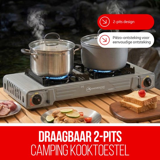 Hikemeister® Dubbel Camping Kooktoestel 2 Pits - 2x 2.2 kW - Inclusief 12 Gasbussen Grillplaat & 2 Plaids - Draagbaar Gasstel - Butaangas Kookplaat - Campingkooktoestel - Met Koffer - Grijs van Merkloos — afbeelding 4