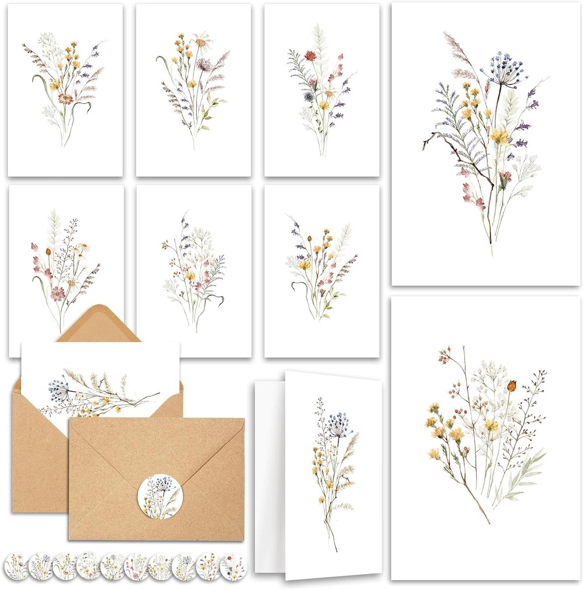 Blanco Wenskaarten - Kaarten met Enveloppen - Dankbetuigingen Versturen - Aquarel Bloem Designs - 20 Stuks 4x6 inch - Bloemenclusters