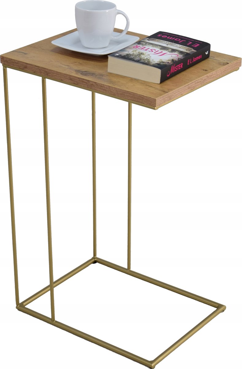 FutuStal Serie - Bijzettafel - Goud - Dąb Lancelot Blad - Metaal en Houtconstructie