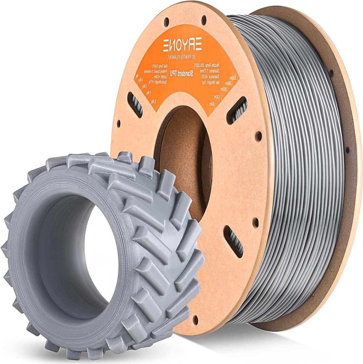 ERYONE TPU-filament 1,75 mm, 3D-printerfilament, TPU, 1 kg, 1 spoel, +/-0,05 mm, 95 A, grijs
