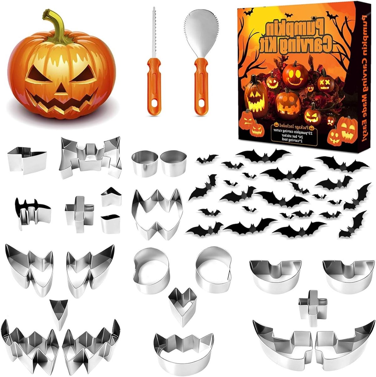 Pompoen Uitsnijden Set - Halloween Pompoen Gereedschap - Pompoenen Versieren - Roestvrij Staal Stencils - 49 Stuks - Zilver