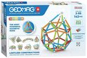 Doos met Geomag Supercolor magnetisch constructiespeelgoed. Bevat 142 onderdelen in blauw, groen, oranje en rood.