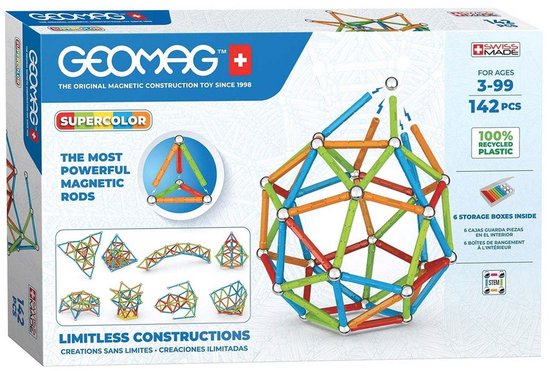 Doos met Geomag Supercolor magnetisch constructiespeelgoed. Bevat 142 onderdelen in blauw, groen, oranje en rood.