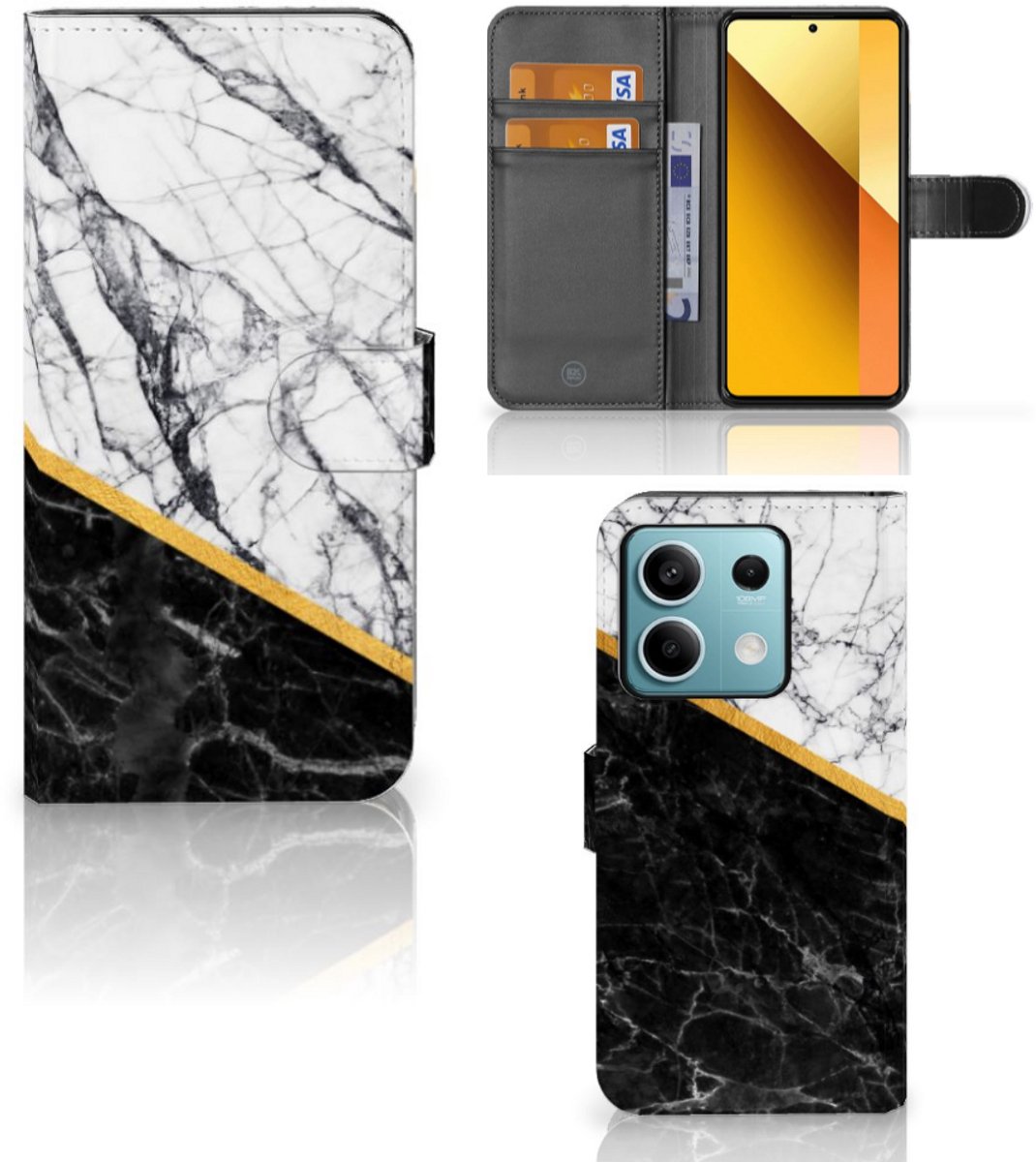 Xiaomi Redmi Note 13 5G Bookcase Marmer Wit Zwart - Origineel Cadeau Man