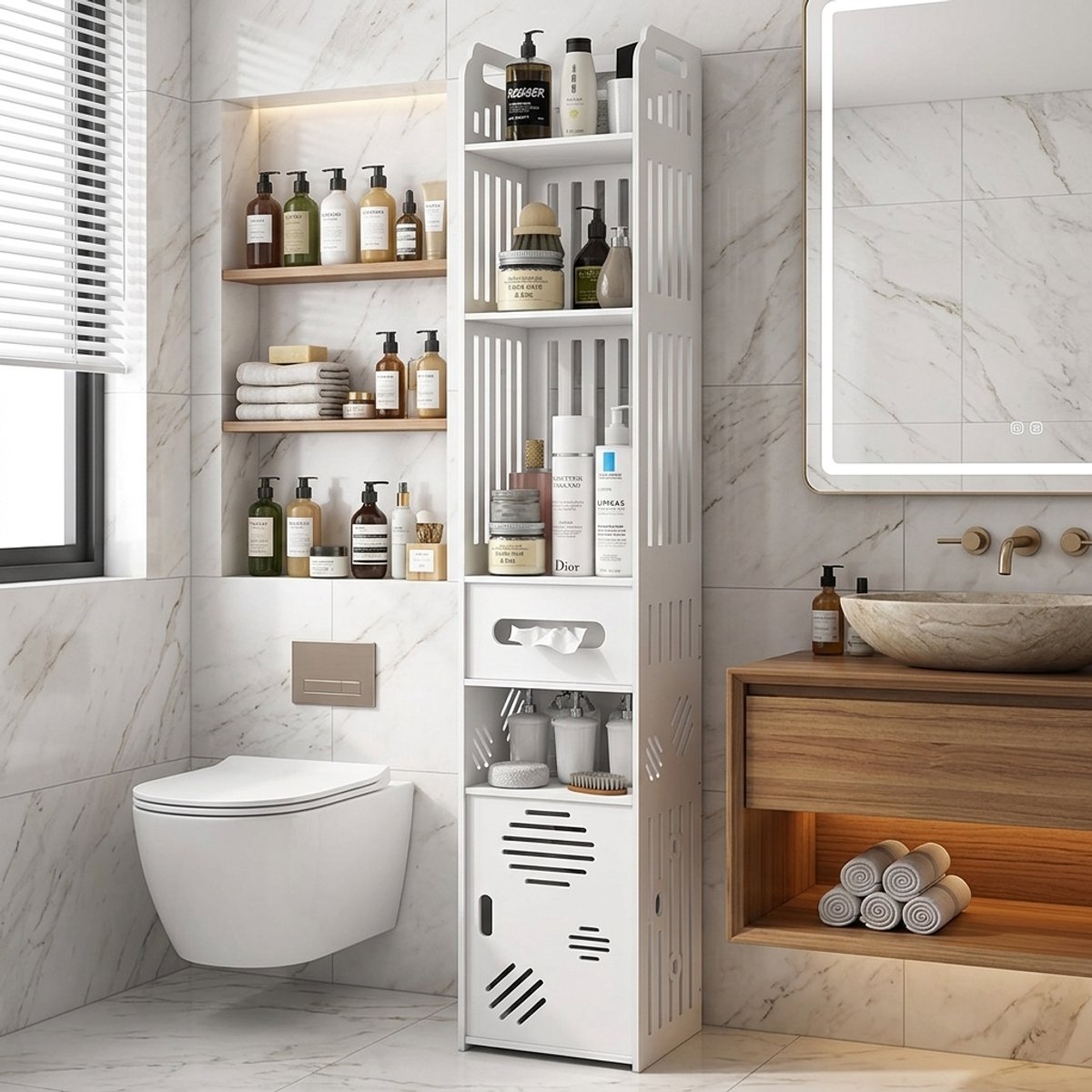 CHIWIN Smalle Badkamerkast met Toiletrolhouder – Hoge Opbergkast van Waterdicht PVC – Ruimtebesparend voor Kleine Badkamer – 20 x 19,5 x 110 cm – Wit