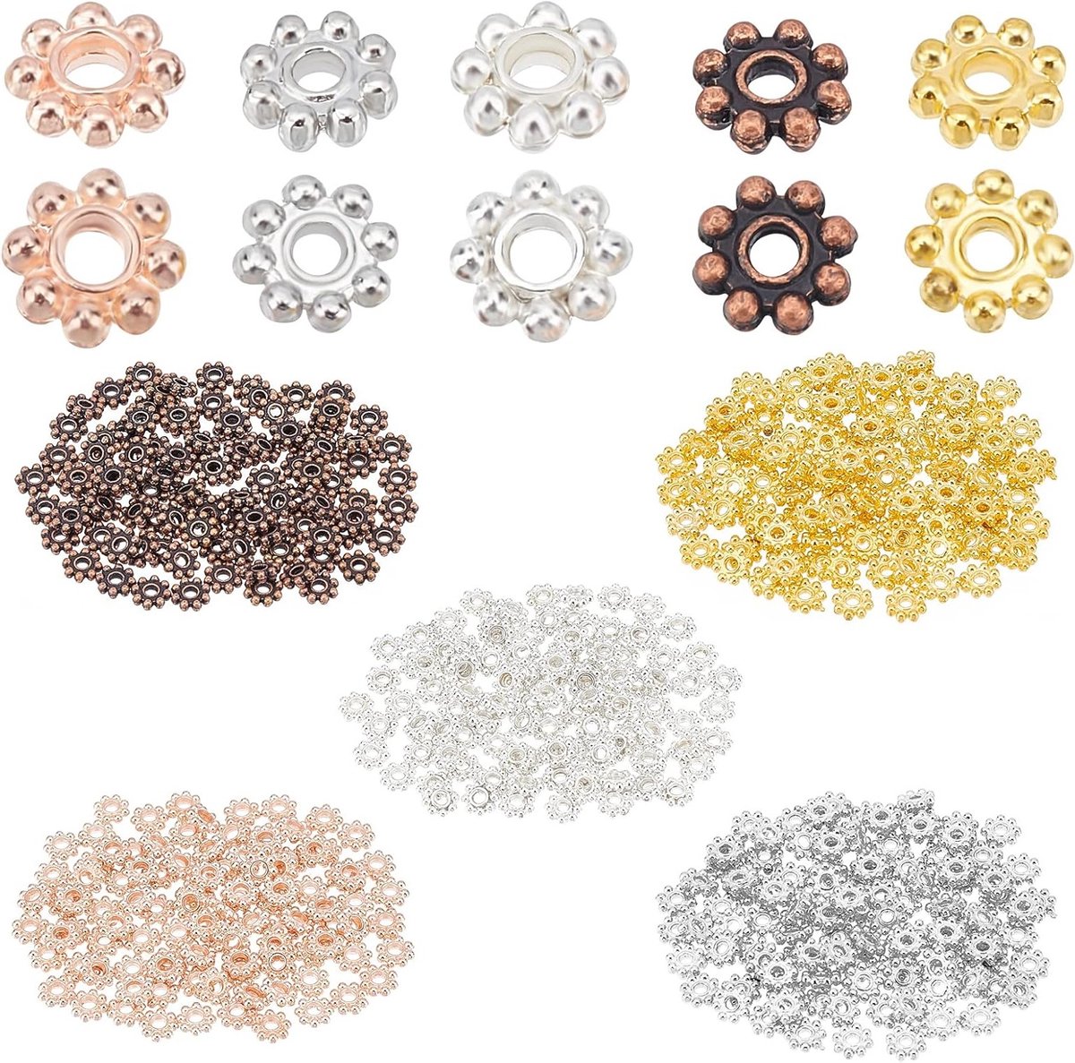 500 Stuks Tibetaanse Bloemen, Spacer Beads en Metalen Daisies in 5 Kleuren voor Sieradenmaken