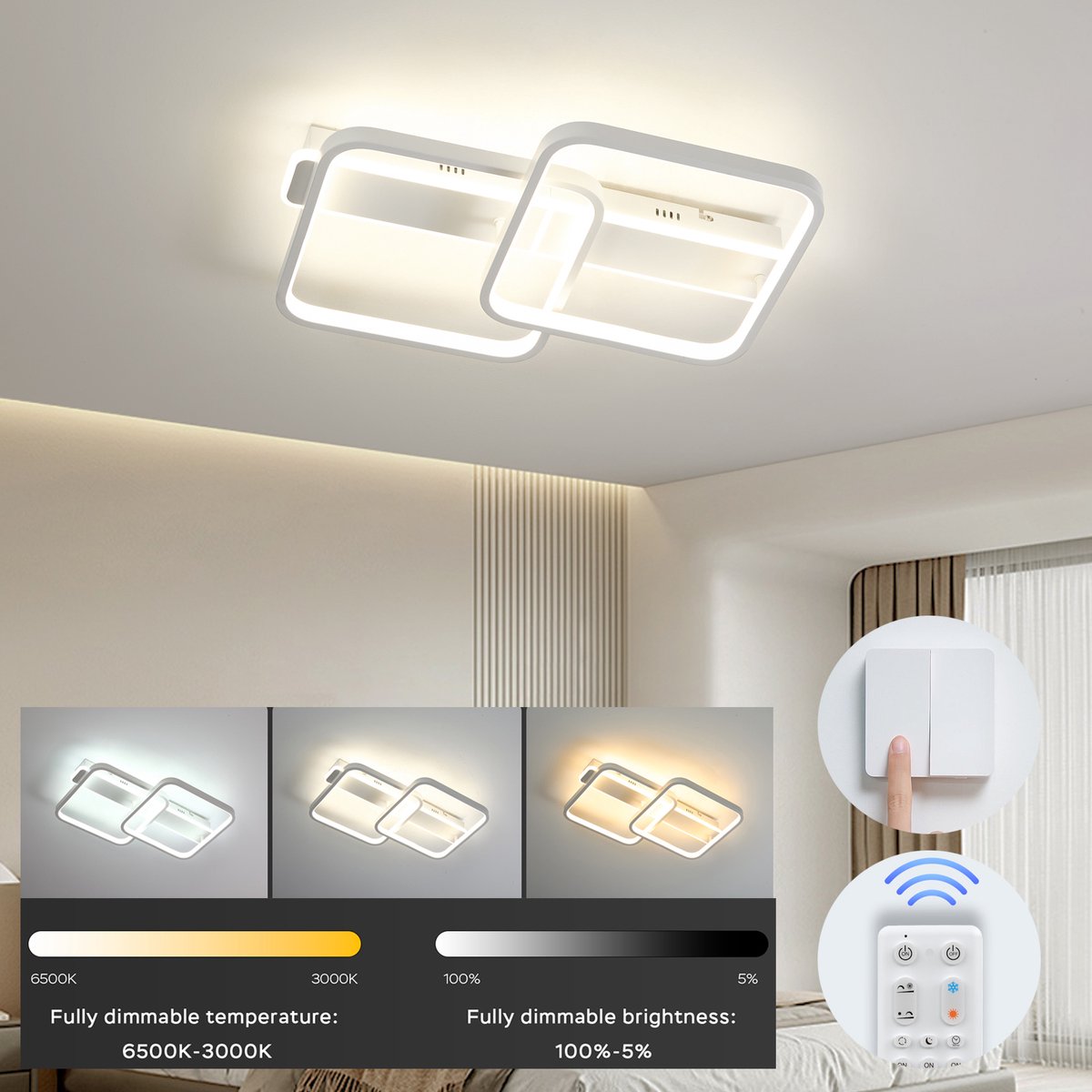 ANTENLICHT LED Plafondlamp - Plafonniere - Wit - 3000K-6500K - 4.260LM - 38W - Dimbaar Met Afstandsbediening - Voor Eettafel - Kantoor - Hal - Woonkamer - Slaapkamer