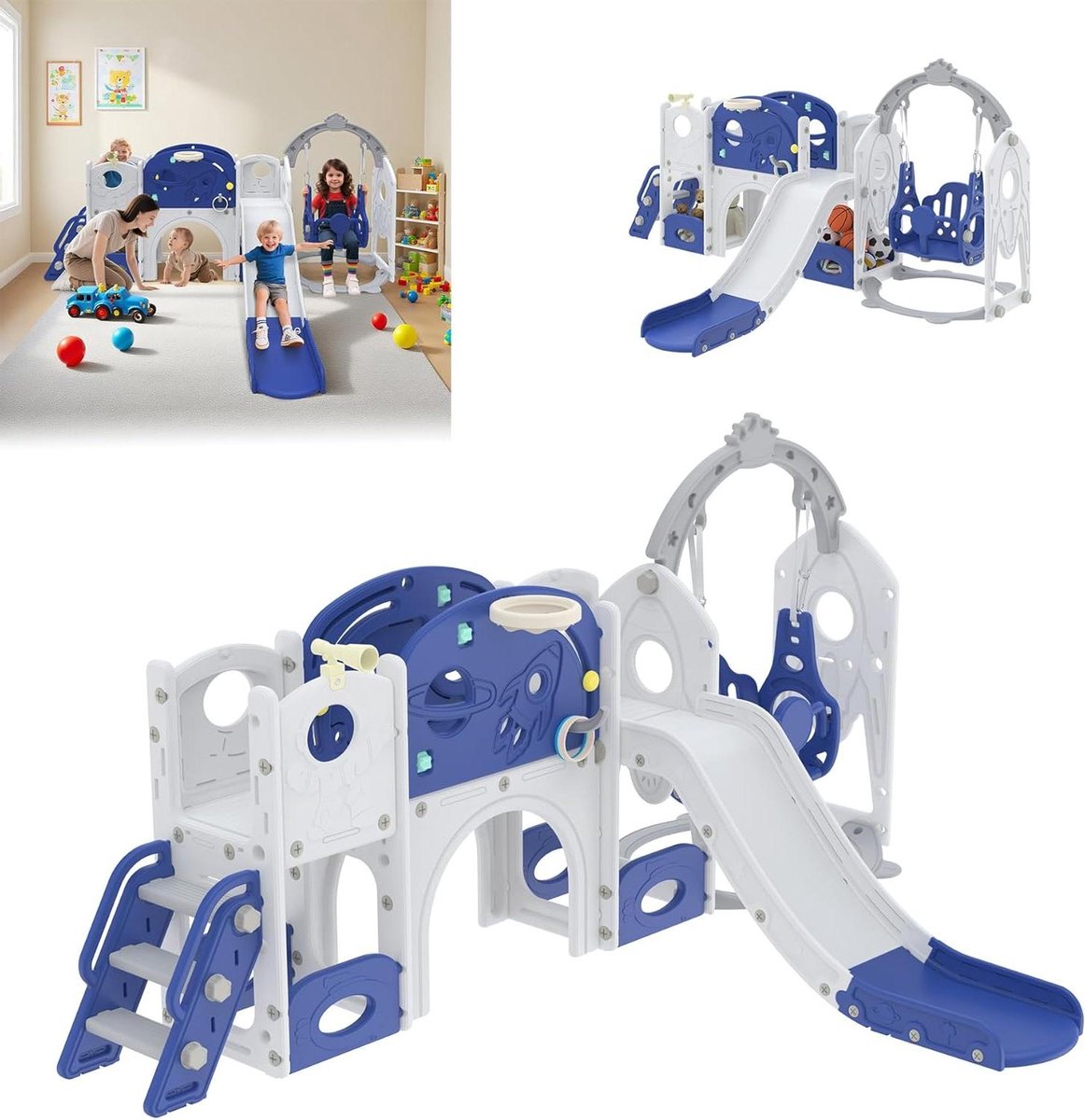 Kinderglijbaan Schommel Speelset - Buitenspeelgoed Peuters - Actief Spelen Buiten - Multifunctioneel Klimrek - 2.45 meter - Blauw