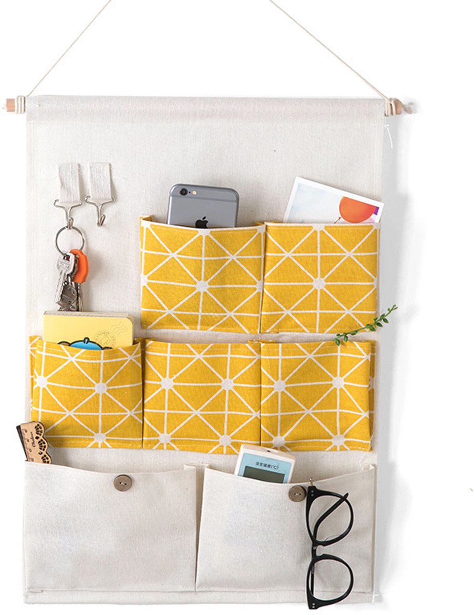 Hangende Organizer – 7 Vakken – Katoenen Wandopberger in Geel-45cm*74cm