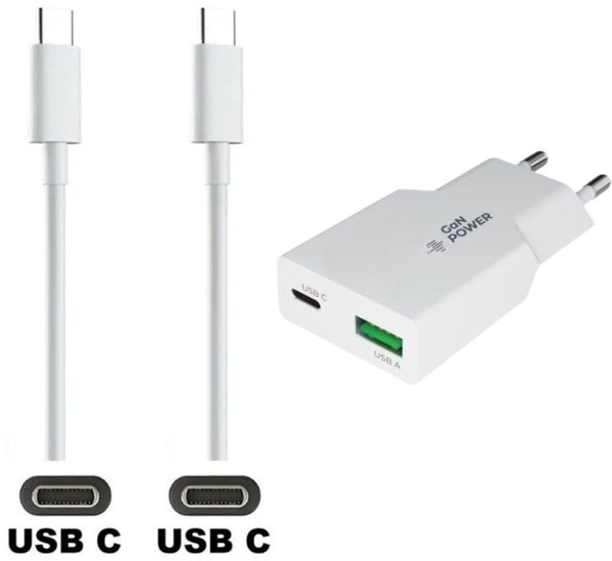 OneOne 36W super snellader met 2 poorten en glazen screenprotector + 2,0m USB C - USB C kabel. Witte PD PPS lader. GaN oplader adapter. Screenprotector past op iPhone 16 Pro, iPhone 17