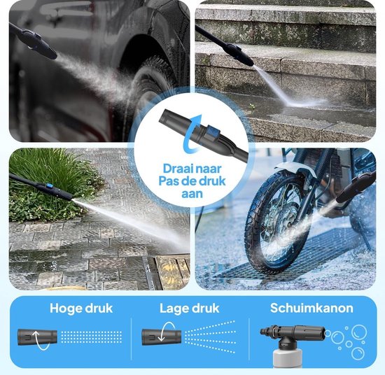 Hogedrukreiniger - Hogedrukspuit Reinigingsapparaat - Krachtig Reinigen - Inclusief Terrasreiniger - 135 Bar - Zwart en blauw — afbeelding 3