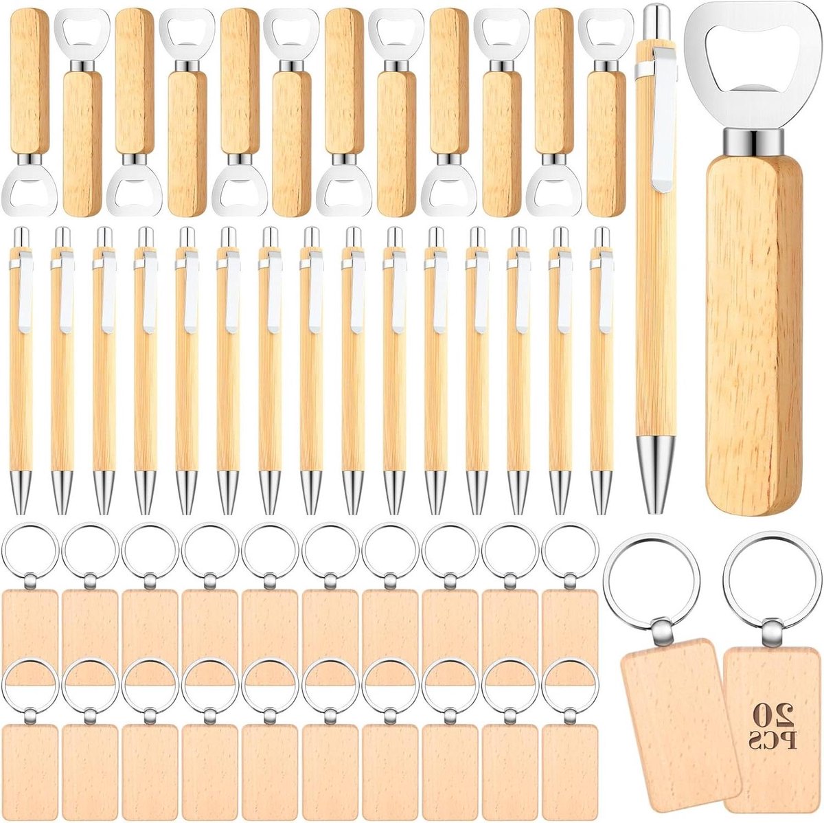 Graveerbare Houten Set - DIY Cadeau Kit - Persoonlijke Cadeaus Maken - Inclusief Flesopener Sleutelhanger Pen - 60 Stuks