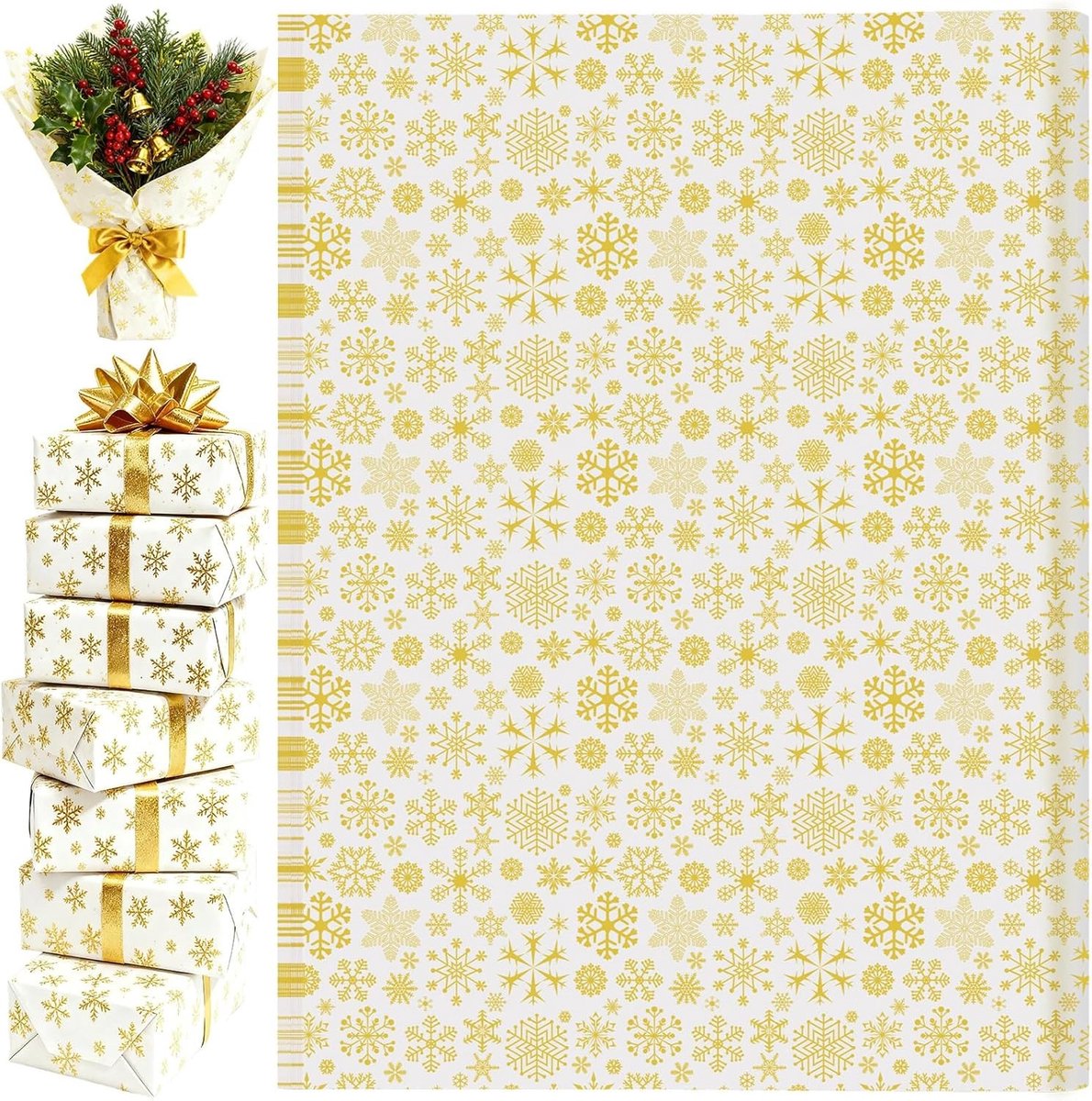 60 Vellen Kerst Snowsflake Tissue Papier voor Cadeautassen - Goud Cadeau Inpakpapier, Bloemenverpakking, Kunst en Ambachten voor Feestdecoraties 35 * 50cm
