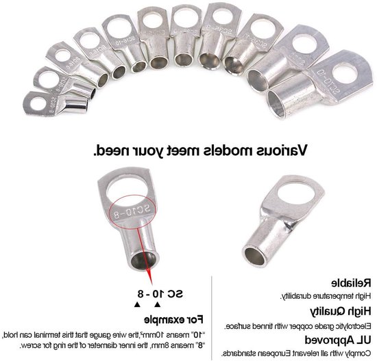 105 Stuks 12 Soorten Zware Klemmen voor Accukabels - Vertinde Koperen Oogjes, Tubulaire en Ring Terminals met Assortiment Kit voor Elektrische Verbindingen — afbeelding 3