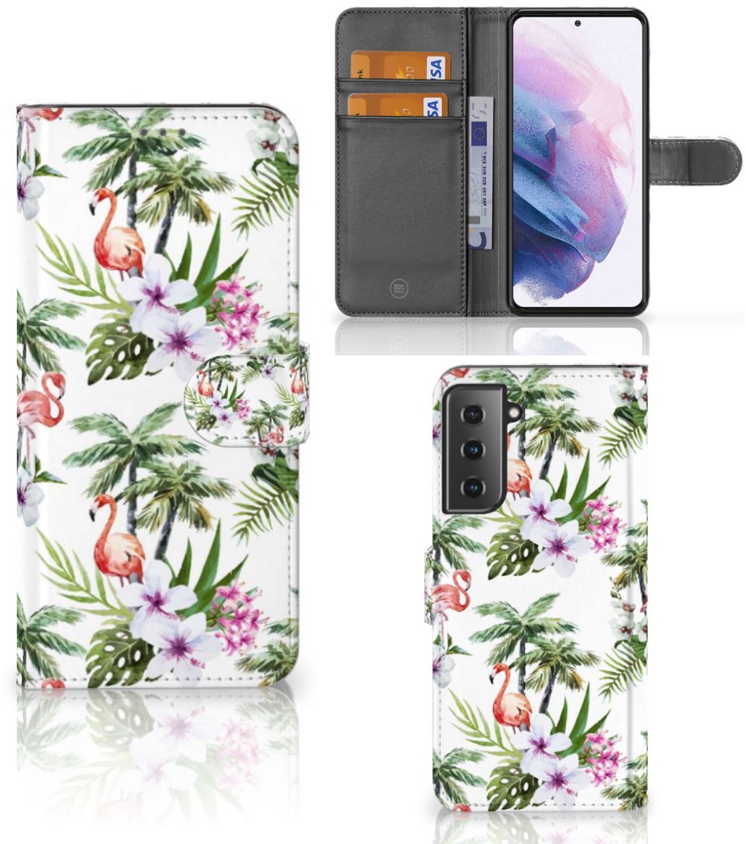 Samsung Galaxy S21 Plus Telefoonhoesje met Pasjes Flamingo Palms