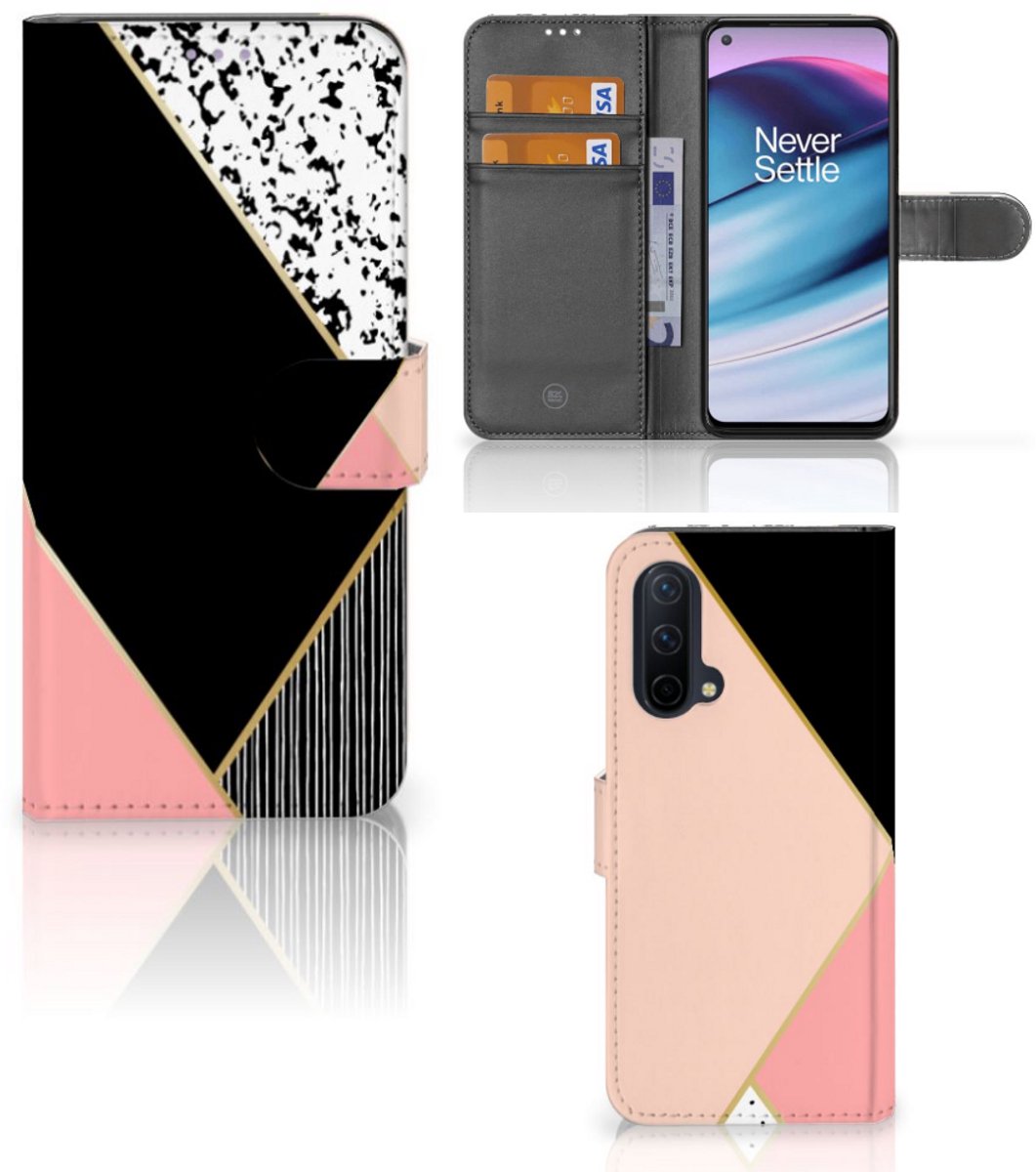 OnePlus Nord CE 5G Book Case Zwart Roze Vormen