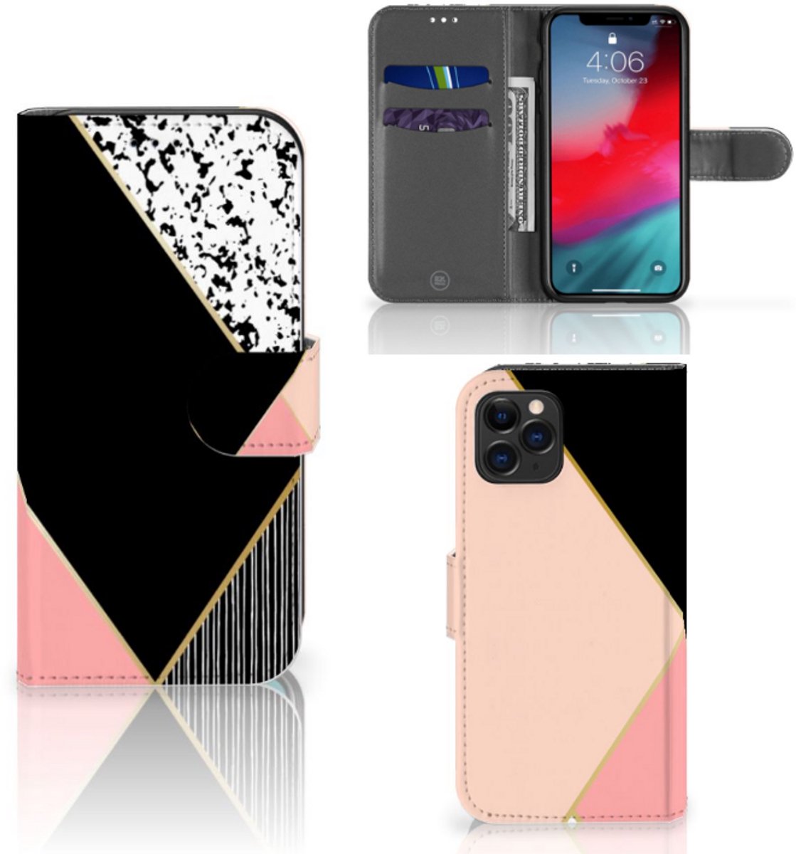 Apple iPhone 11 Pro Book Case Zwart Roze Vormen