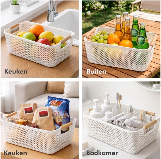 Vier foto's van een witte kunststof opbergmand met houten handvatten: in de keuken, buiten, in de woonkamer en in de badkamer.