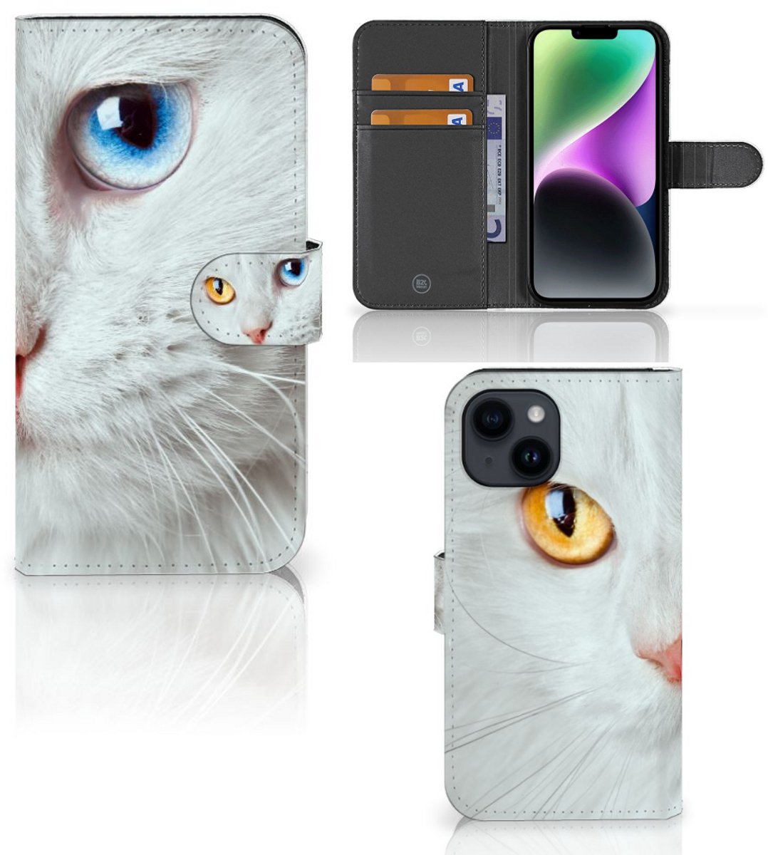 iPhone 15 Telefoonhoesje met Pasjes Witte Kat