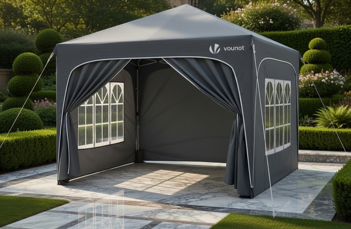 Luxe 3x3m Tuinpaviljoen Partytent met 4 Zijwanden & Zandzakken – Waterdicht, UV-Bestendig, Pop-Up Inklapbaar Feesttent met Draagtas – Perfect voor Tuin, Balkon en Buitenactiviteiten, Grijs medahomestore