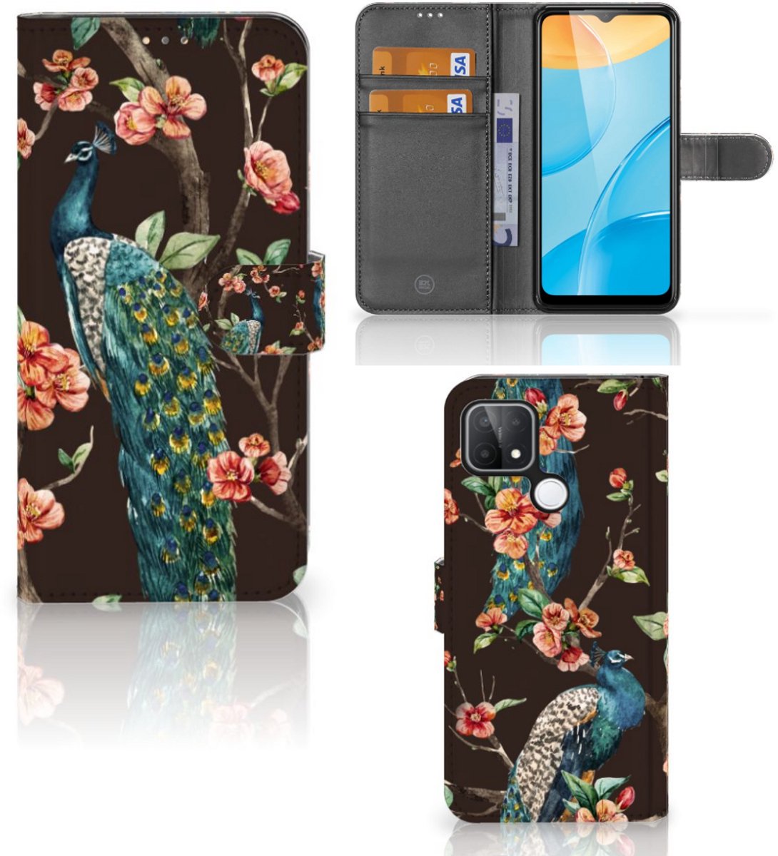OPPO A15 Telefoonhoesje met Pasjes Pauw met Bloemen