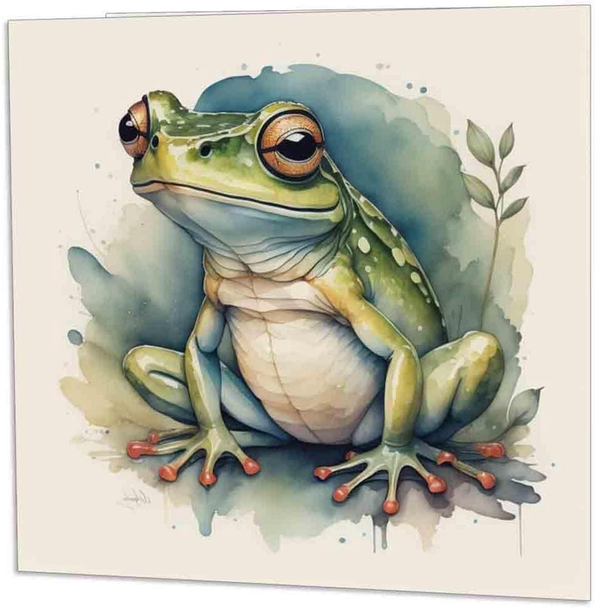 Aquarel Kikker Kaart - Wenskaart Illustratie - Verjaardag Vieren - Gedrukt op 350gsm - 145 x 145mm - Wit