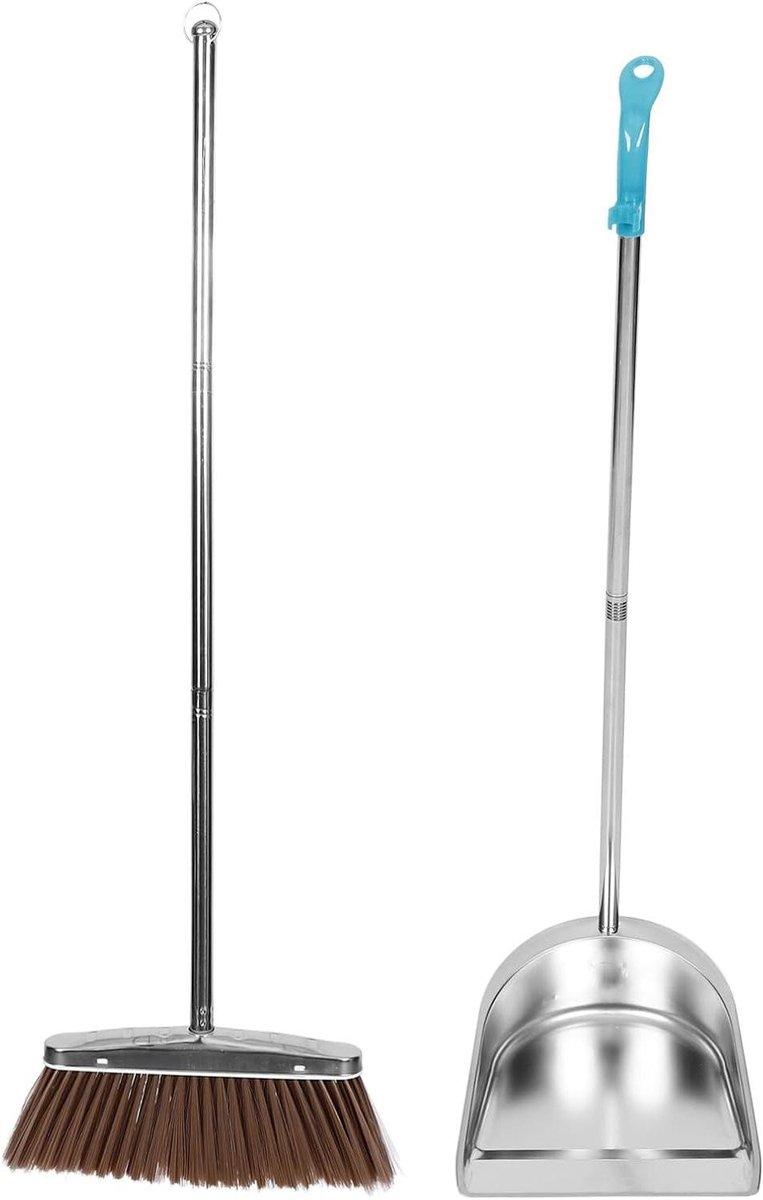 Stoffer en Blik Set - Stofblik met Steel - Vloeren Schoonmaken - Roestvrij Staal - 92.5 cm - Zilver