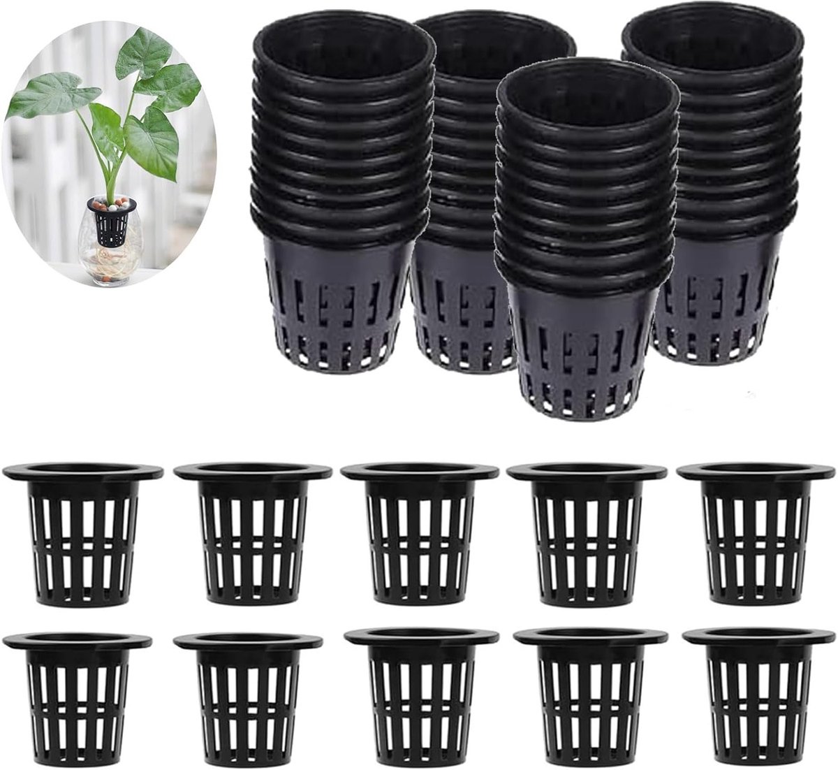 50 stuks hydrocultuurpotten voor waterplanten, ideaal voor tuinplanten en groentegewassen, zwart